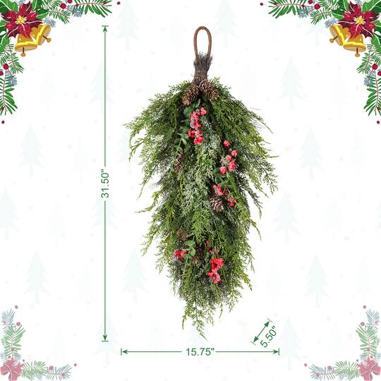 Glitzhome® 31.5" Christmas Greenery Frosted PE Teardrop with Pinecones & Red Berries